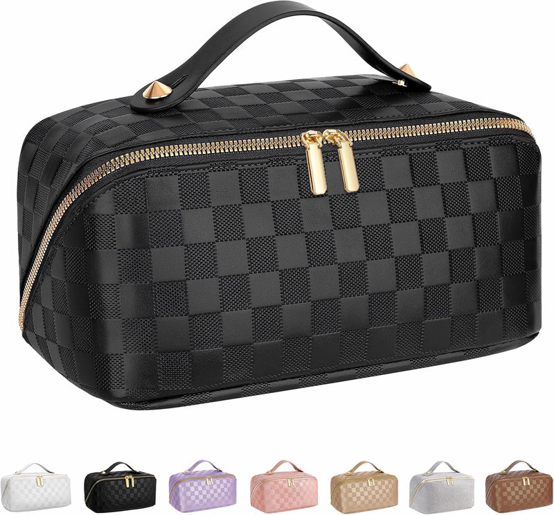 Large Capacity Travel Cosmetic Bag - Portable Makeup Bags for Women Waterproof PU Leather Checkered Makeup Organizer Bag with Dividers and Handle,Toiletry Bag for Cosmetics, brown - black