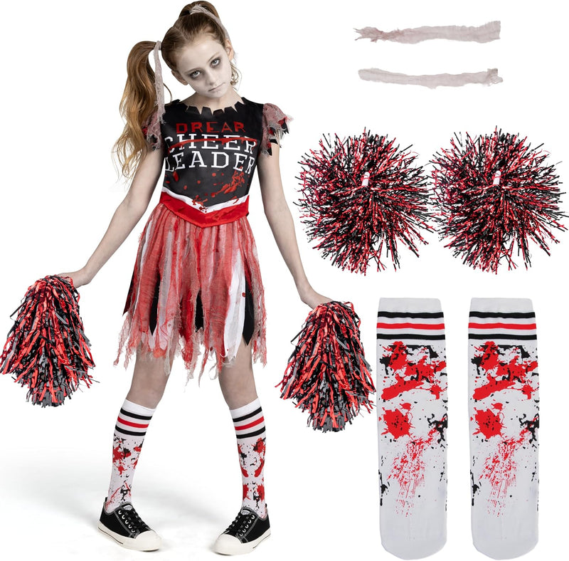 Spooktacular Creations Girls Scary Bloody Cheerleader Costume, Zombie Cheerleader Costume for Halloween Parties - Black Red