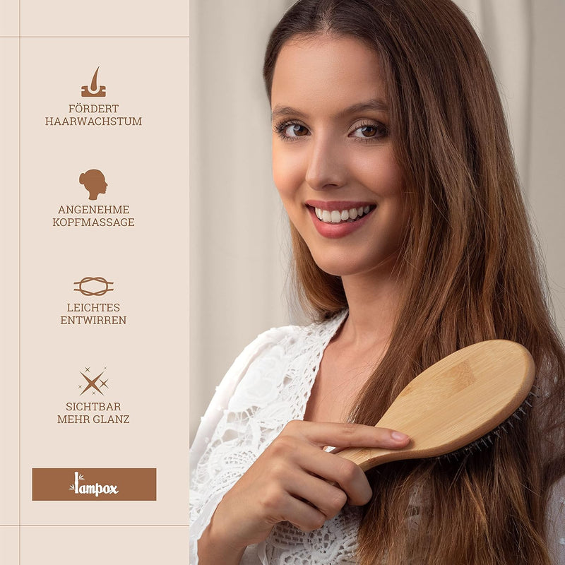 Bamboo Hair Brush with Boar Bristles Head Massage Hair Care, Detangling Brush for Long Hair & Curls of Women, Men & Children, Massage Brush for Scalp, Detangler (Oval)
