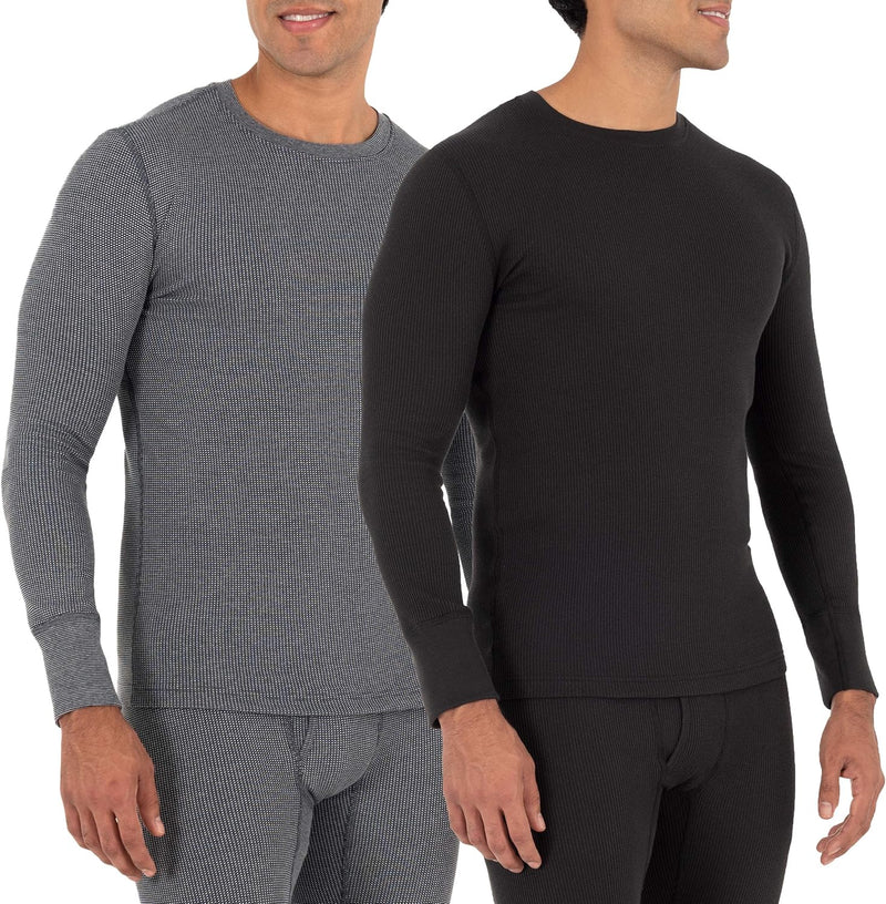 Men's Recycled Waffle Thermal Underwear Crew Top (1 and 2 Packs) Pajama Top - Black/Greystone