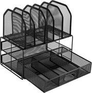 Amazon Basics Mesh Desk Organiser with Sliding Drawer, Double Tray and 5 Upright Sections, Black - 1