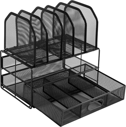 Amazon Basics Mesh Desk Organiser with Sliding Drawer, Double Tray and 5 Upright Sections, Black - 1