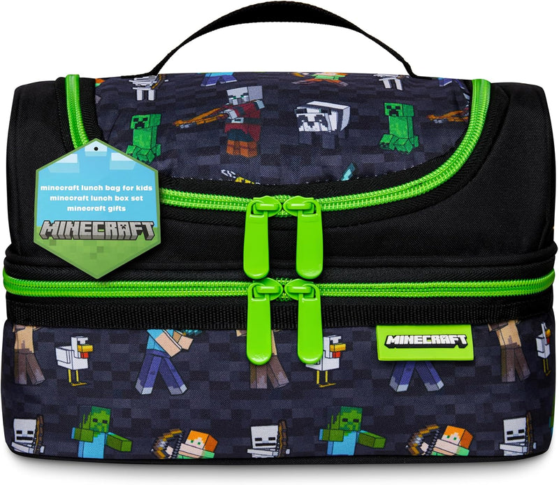 Insulated Lunch Bag with Water Bottle for Kids Lunch Box Creeper Packed Lunch Bag for School Multiple Compartments Travel Snacks Gifts - Black