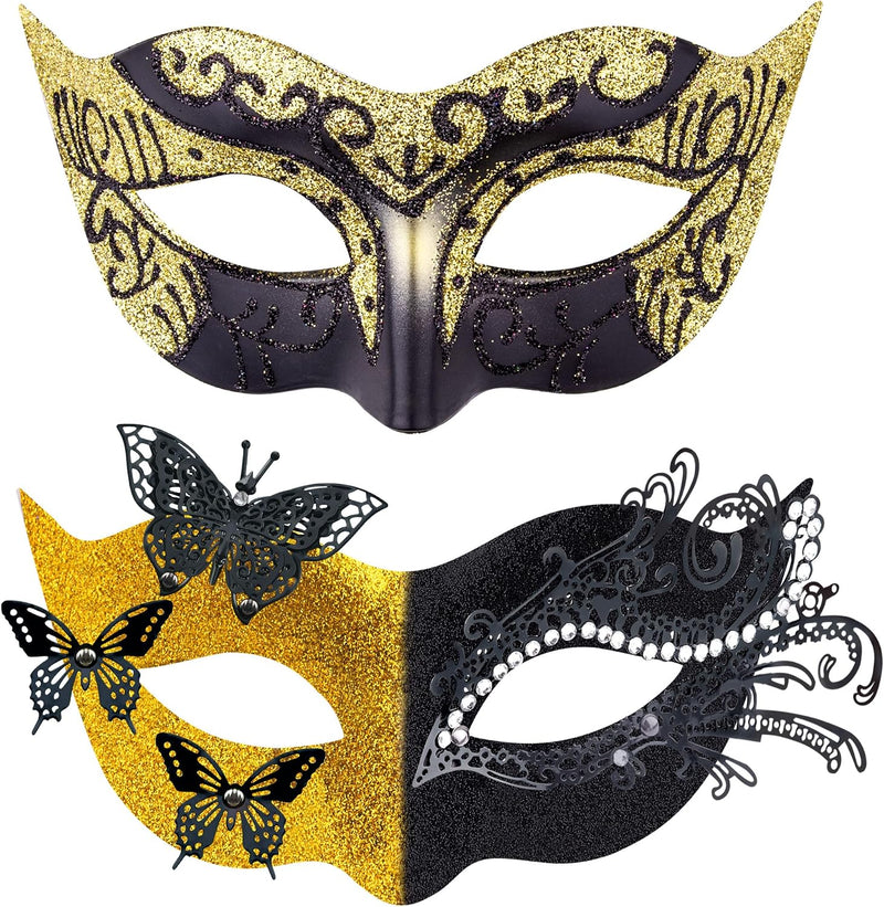 2 Stck Venezianische Maske Paar Maskerade Mask Venezianischen Maske Kostm Masken fr Damen Herren Halloween Karneval Party - Butterfly Black & Gold