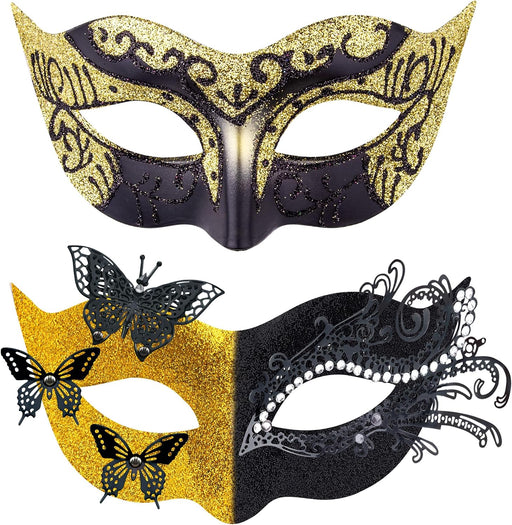 2 Stck Venezianische Maske Paar Maskerade Mask Venezianischen Maske Kostm Masken fr Damen Herren Halloween Karneval Party - Butterfly Black & Gold