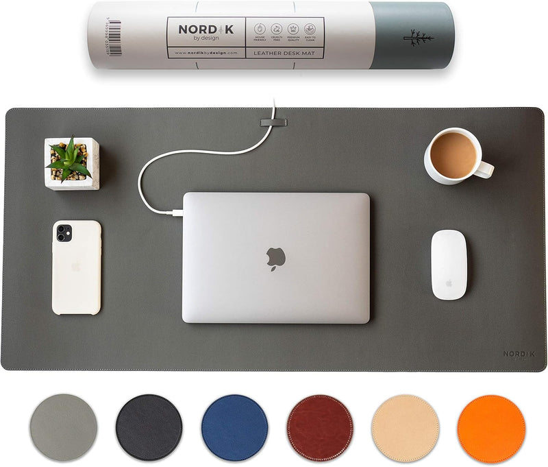 Nordik Leather Desk Mat Cable Organizer (Alaskan Gray 35 X 17 inch) Premium Extended Mouse Mat for Home Office Accessories - Non-Slip Vegan Leather Desk Pad Protector & Desk Blotter Pad - Alaskan Grey