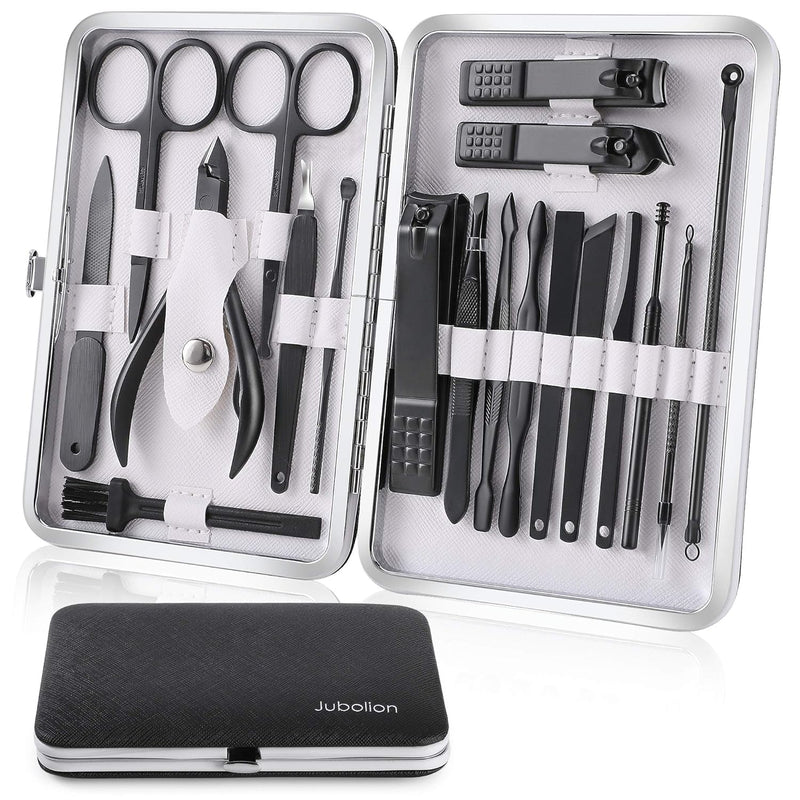 Jubolion Manicure Set, 19pcs Stainless Steel Professional Nail Clippers Pedicure Set with Black Leather Storage Case, Portable Grooming Kit for Travel or Home, Perfect Gifts for Women and Men (Black)