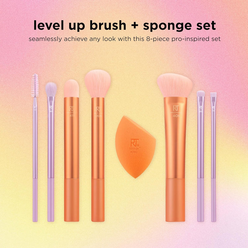 Real Techniques Level Up Brush And Sponge Kit, Makeup Brushes For Eyeshadow, Foundation, Blush, & Bronzer, Makeup Blending Sponge, Professional Quality Makeup Tools, Synthetic Bristles, 8 Piece Set - Level Up