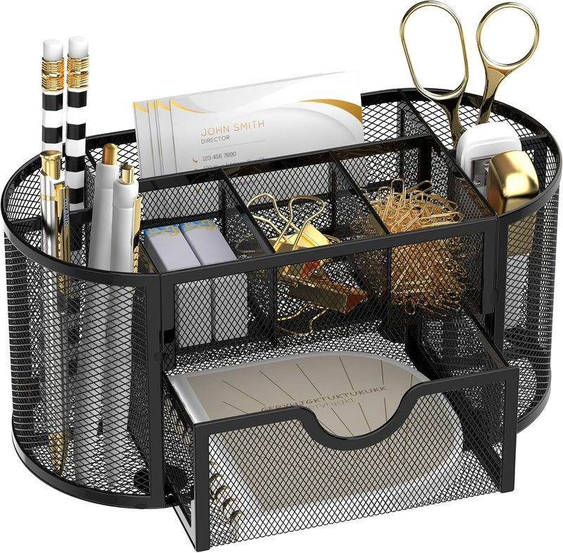 KASTWAVE Mesh Desk Organizer, Desk Organizer Stationery Storage, Pencil Holder for Desk with 9 Compartments and Mini Drawer, Wire Mesh Office Supplies Desk Accessories & Workspace Organizers (Black)