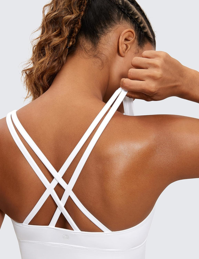 CRZ YOGA Womens Strappy Longline Sports Bra - Medium Impact Criss Cross Yoga Padded Bras Workout Crop Top