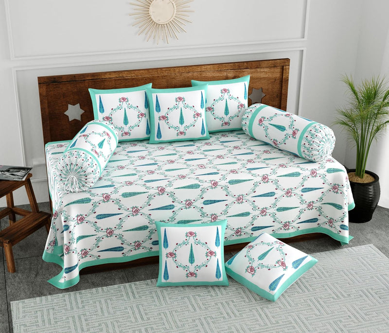 BLOCKS OF INDIA 200TC Diwan Set Cotton 8 Piece | Deewan Printed Bedsheet Sets for Living Room Hall (Set of 8 Piece, 1-Bed Sheet | 2-Bolster Cover | 5-Cushion Cover (Color 25)