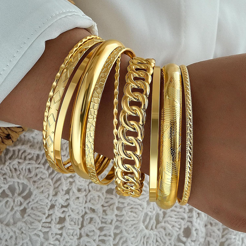 Gold Plated Bangle Bracelets Set for Women, Indian & Dubai Style Stackable Chunky Jewelry, Multi-Layer Textured 14K Gold Plated Ladies Gift for Eid & Parties 10Pcs