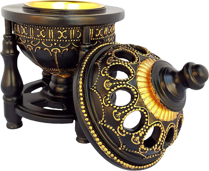 AM Charcoal Incense Burner - Bakhoor Burner, Oud Frankincense Resin Burner - for Office & Home Decor - Lavish 4 Pillar Black