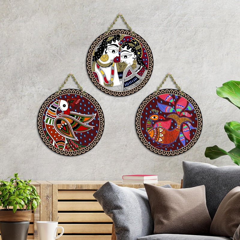 Artvibes Rajasthani Culture Wooden Wall Hanger for Home | Office | Living Room | Gift | Modern Decoration Items | Kitchen Wall Decor | Home Decor Hanging Items (WH_5012N), Set of 3