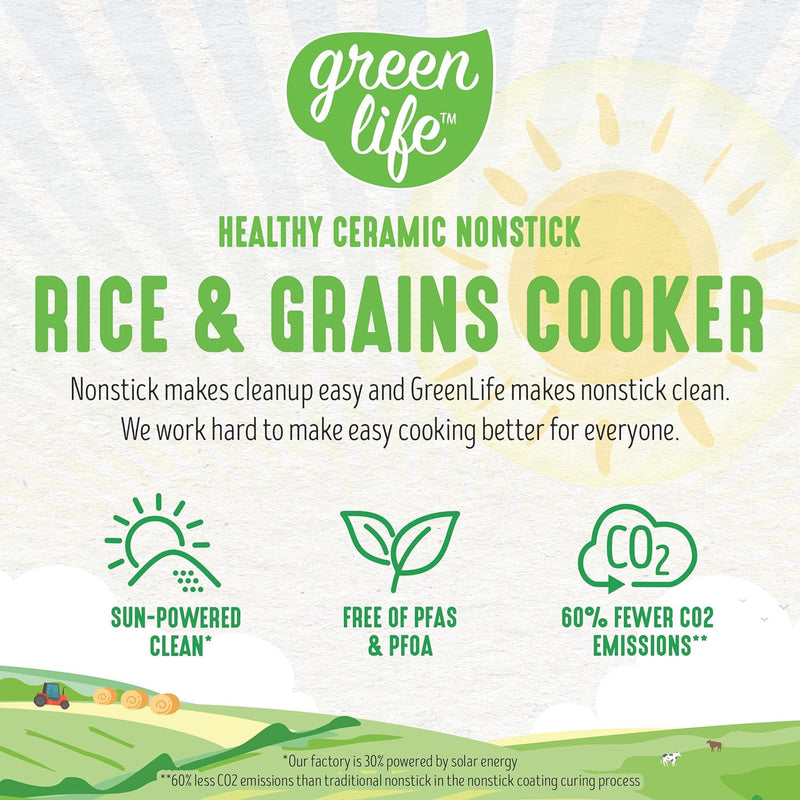 GreenLife Healthy Ceramic Nonstick 4-Cup Rice Oats and Grains Cooker, PFAS-Free, Dishwasher Safe Parts, Black