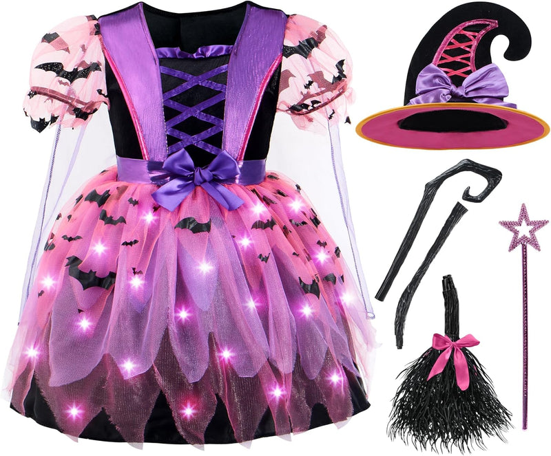 Spooktacular Creations Girls Light Up Witch Costume, Kids Witch Costume with Hat and Broom for Toddler Halloween Dress Party - Purple