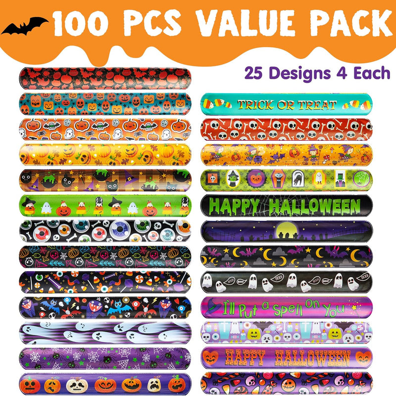 JOYIN Halloween Slap Bracelets Party Favors for Kids - 100 Pcs Friendship Bracelets Halloween Party Supplies and Decorations Snap Bracelets with Halloween Classies Pattern
