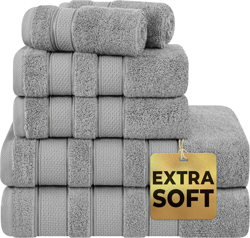 American Soft Linen GMSD 6-Piece 100% Turkish Genuine Cotton Premium & Luxury Towel Set for Bathroom & Kitchen, 2 Bath Towels, 2 Hand Towels & 2 Washcloths [Worth $72.95] - Rockridge Grey
