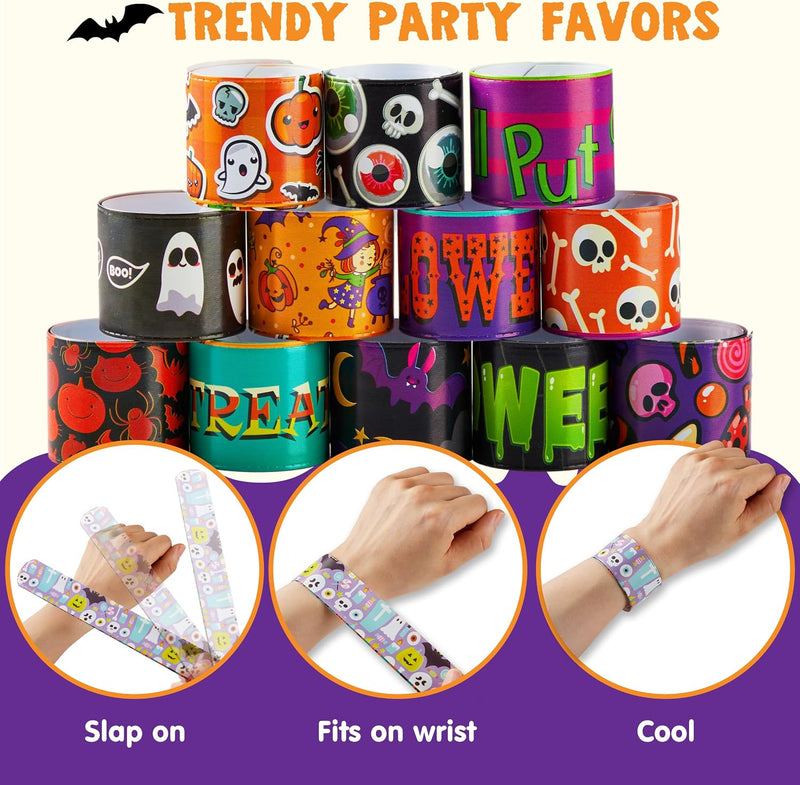 JOYIN Halloween Slap Bracelets Party Favors for Kids - 100 Pcs Friendship Bracelets Halloween Party Supplies and Decorations Snap Bracelets with Halloween Classies Pattern