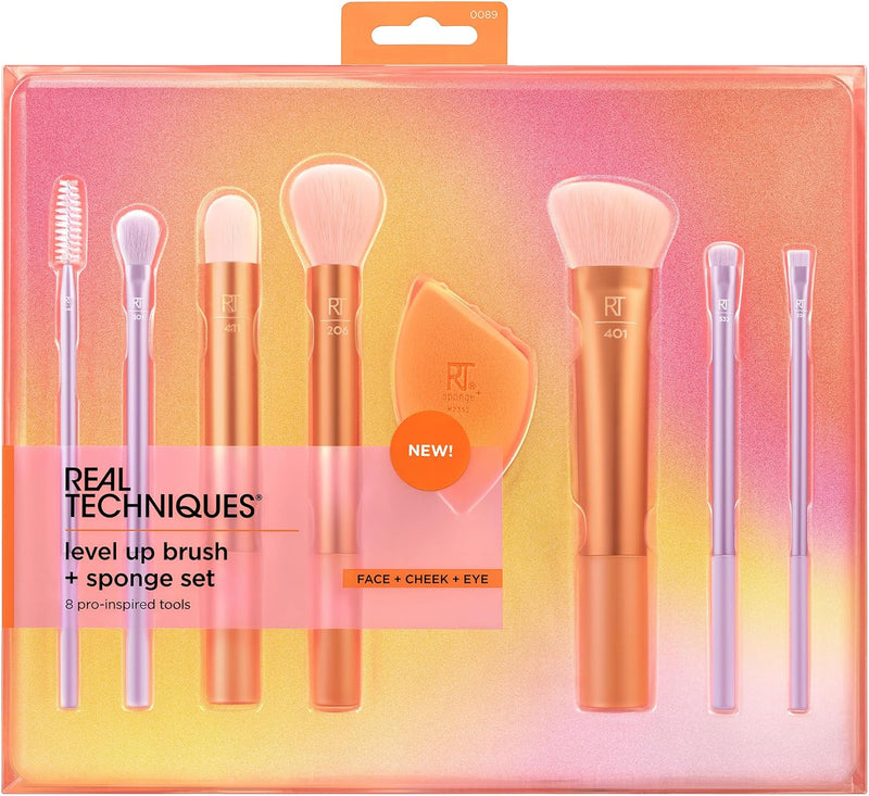 Real Techniques Level Up Brush And Sponge Kit, Makeup Brushes For Eyeshadow, Foundation, Blush, & Bronzer, Makeup Blending Sponge, Professional Quality Makeup Tools, Synthetic Bristles, 8 Piece Set - Level Up