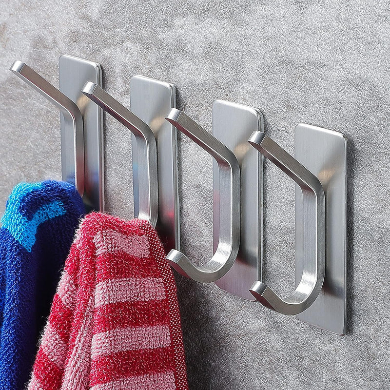 4pcs Stainless Steel Adhesive Hooks Wall Mounted, Heavy Duty Storage Wall Mount Hooks for Hanging Coat Clothes Towels Hat Bags for Home Entryway Bathroom Bedroom Kitchen Living Room (Black) - Silver