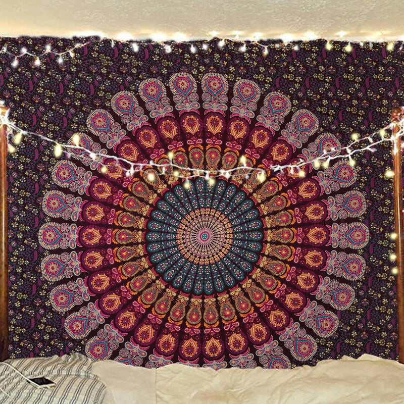 Bless International, Indian Wall Hanging Psychedelic Hippie Bohemian Peacock Mandala Tapestry Bed Sheet Gold Pink Blue King 225x265cm