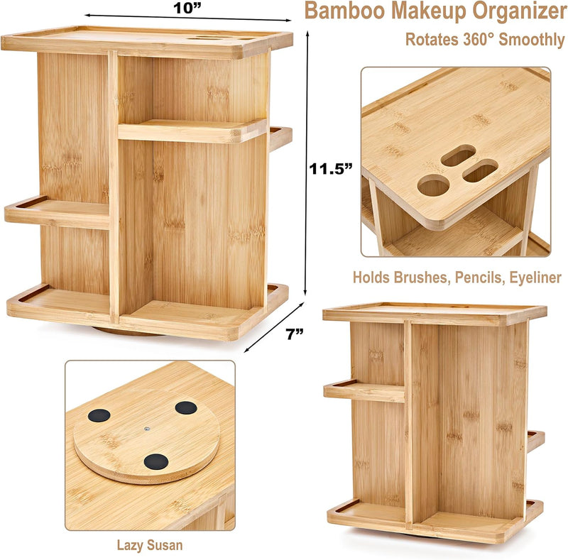 Sorbus 360 Bamboo Cosmetic Organizer, Multi-Function Storage Carousel for Makeup, Toiletries, and More - Great for Vanity, Desk, Bathroom, Bedroom, Closet, Kitchen - Tan