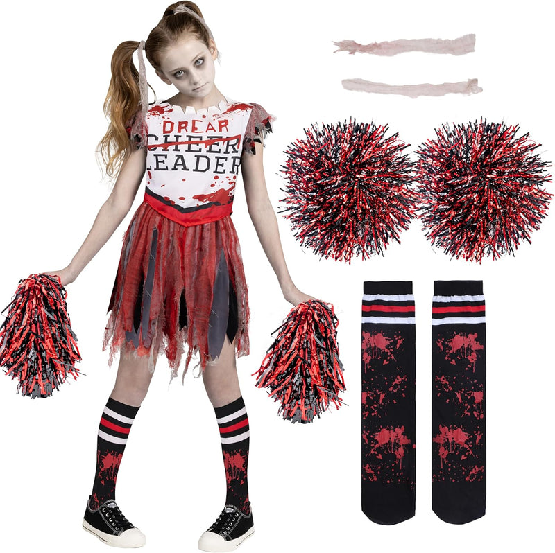 Spooktacular Creations Girls Scary Bloody Cheerleader Costume, Zombie Cheerleader Costume for Halloween Parties - White Red