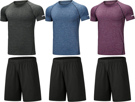 Men's Workout Clothes Athletic Shorts Shirt Set 3 Pack for Basketball Football Exercise Training Running Gym - Red