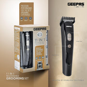 Geepas GTR8612N 11-in-1 Rechargeable Grooming Set 3.7V DC Hair/Bread/Nose/Ear/Body Trimmer 5 Changeable Heads Li-Ion Battery 60mins Working Time LED Display 4 Combs Attachments