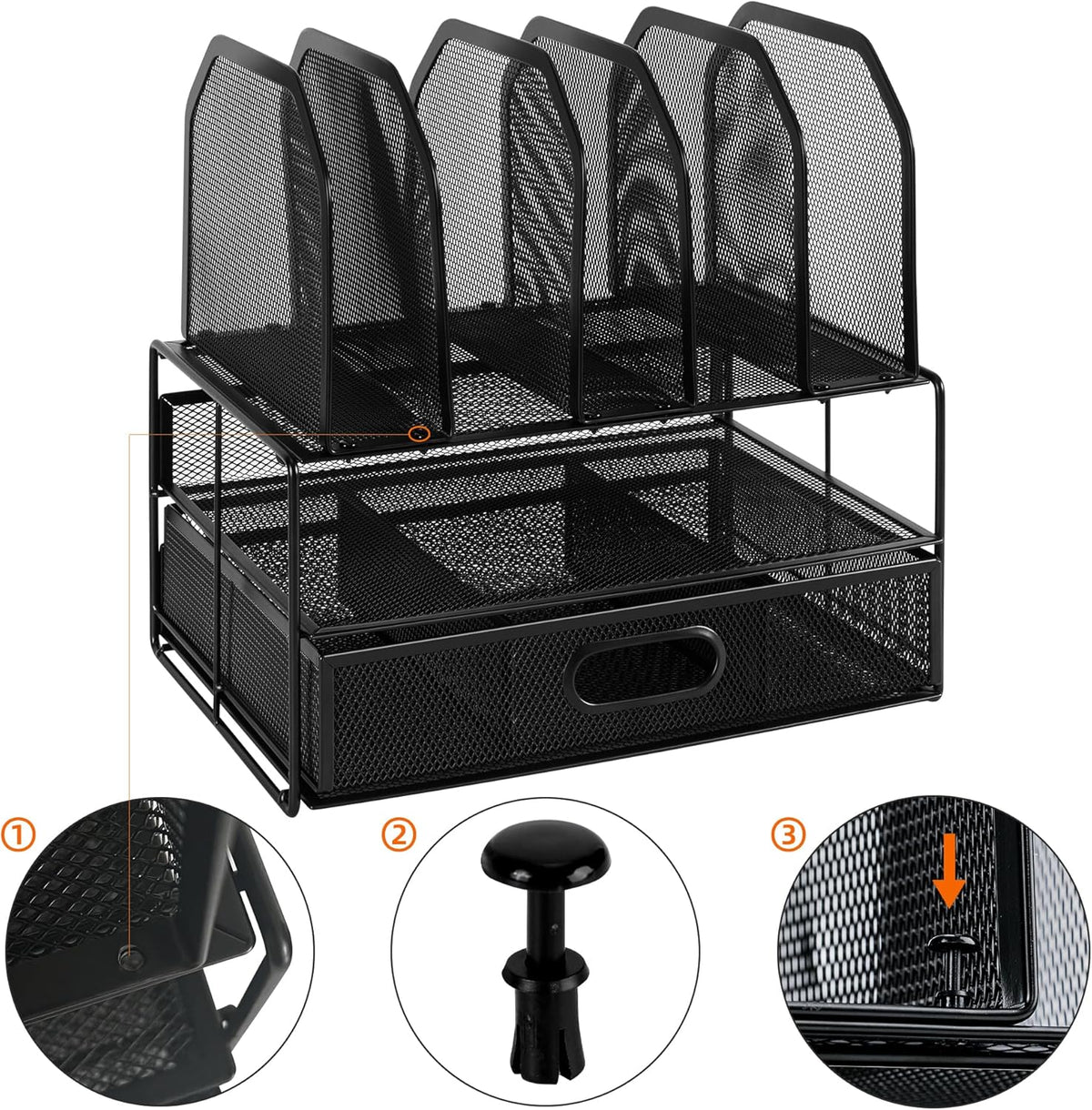 Amazon Basics Mesh Desk Organiser with Sliding Drawer, Double Tray and 5 Upright Sections, Black – image 2