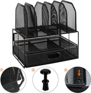 Amazon Basics Mesh Desk Organiser with Sliding Drawer, Double Tray and 5 Upright Sections, Black - 1