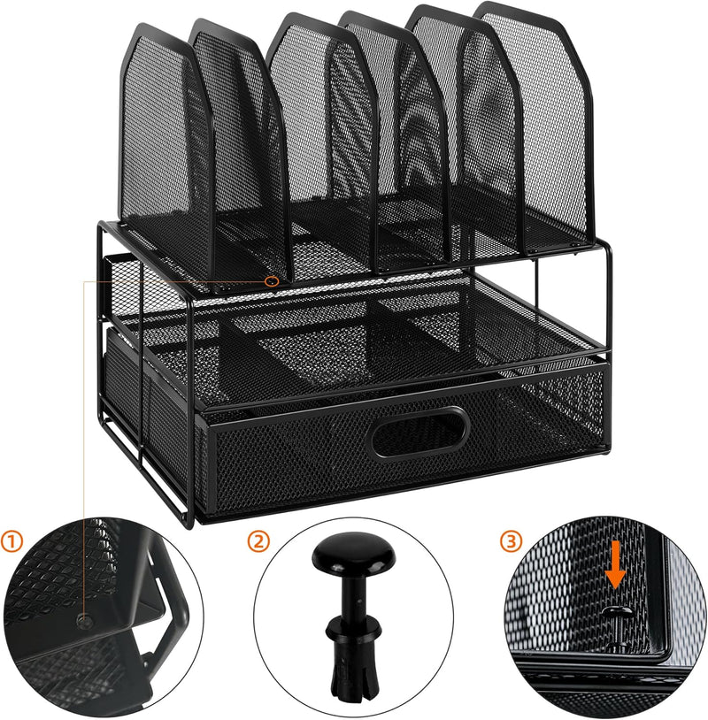 Amazon Basics Mesh Desk Organiser with Sliding Drawer, Double Tray and 5 Upright Sections, Black - 1