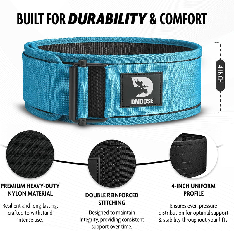 DMoose Fitness Weight Lifting Belt - Auto Locking 4" Nylon Gym Belt with Adjustable Buckle - Provides Lumbar Support & Stability for Olympic Training, WOD & Cross Training for Men & Women