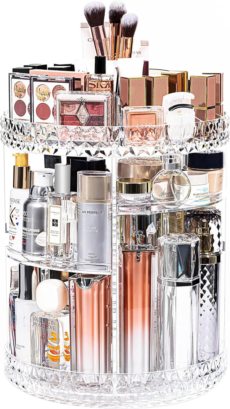 DreamGenius Makeup Organizer, 360 Degree Rotating Cosmetic Storage Organizer, 7-Layer Adjustable Makeup Display Case, Fits Jewelry Makeup Brushes and Lipsticks, Clear Acrylic - Double Diamond