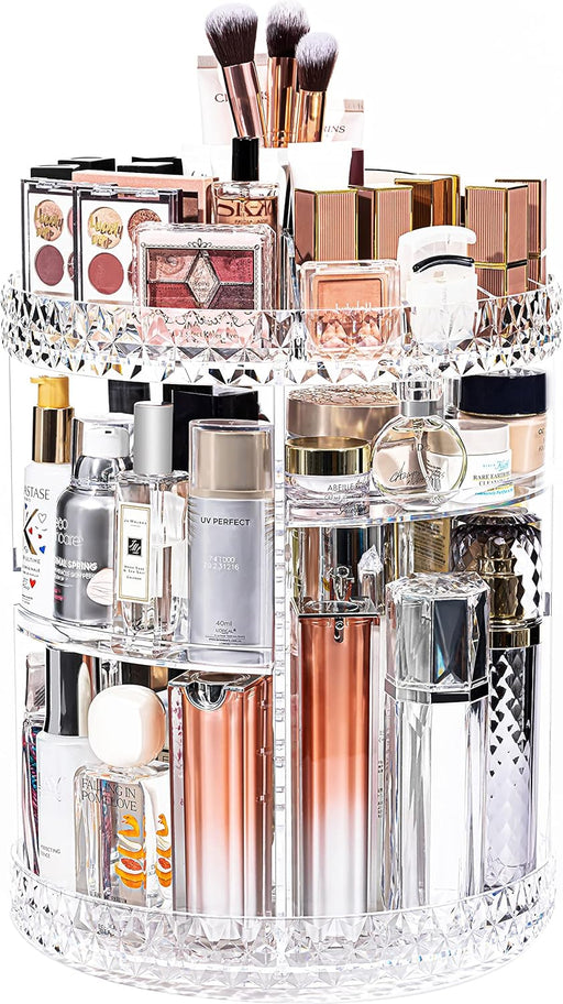 DreamGenius Makeup Organizer, 360 Degree Rotating Cosmetic Storage Organizer, 7-Layer Adjustable Makeup Display Case, Fits Jewelry Makeup Brushes and Lipsticks, Clear Acrylic - Double Diamond