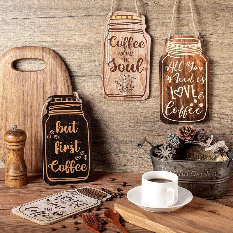 Azonee 4 PCS Coffee Bar Sign Wall Decor, Farmhouse Wood Coffee Sign Hanging Plaques for Kitchen, But First Coffee Wall Art for Tier Tray and Countertop Decoration