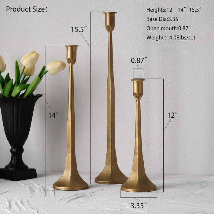 KASTWAVE Iron Taper Candle Holder, Set of 3 Gold Candlestick Holders Decorative Candle Stand, Tapered Candle Holders Tall Set for Wedding, Dining Table, Home Decoration, Party - Antique Brass