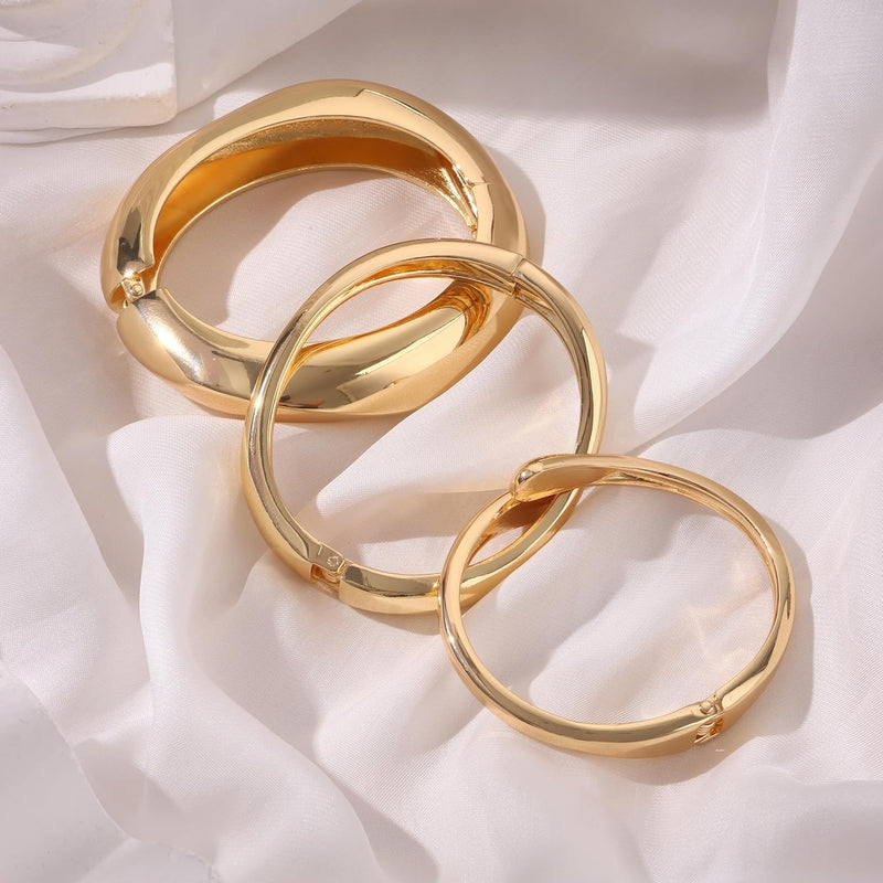 Chunky Gold Bangle Bracelets, Trendy Wide Wrist Cuff Bracelet, Stackable Statement Bangles, Fashion Jewelry Set for Wedding, Party, Travel Women, Girls, Stylish Gift for Her, 3Pcs