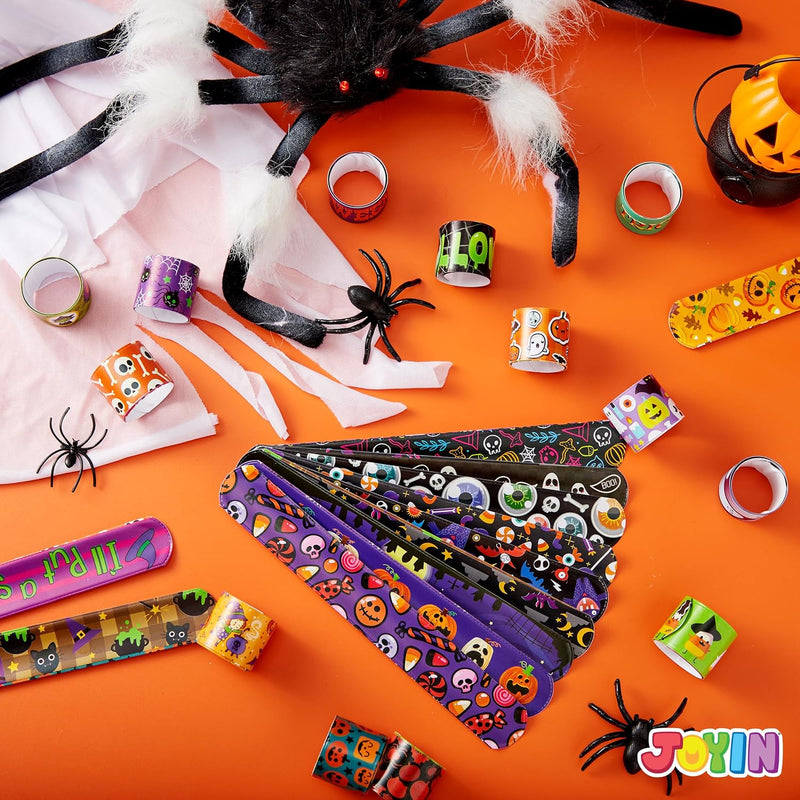 JOYIN Halloween Slap Bracelets Party Favors for Kids - 100 Pcs Friendship Bracelets Halloween Party Supplies and Decorations Snap Bracelets with Halloween Classies Pattern