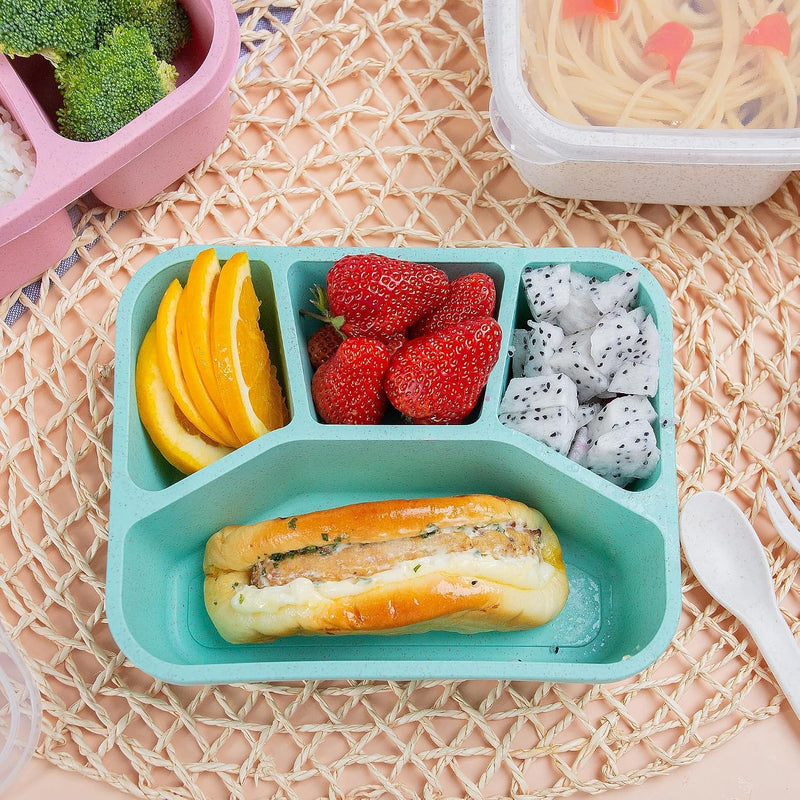 4 Pcs Wheat Straw PP 4-Compartment Bento Lunch Box, Reusable Snack Box for Adults and Kids, Meal Prep Containers for School, Work, Travel, Freezer and Dishwasher Safe