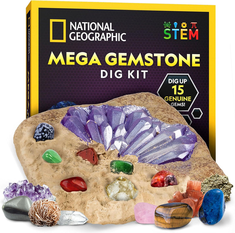 NATIONAL GEOGRAPHIC Mega Dig Kit - Dig Up 15 Real Gemstones and Crystals, Science Kit for Kids, Gift for Girls and Boys - Gemstones
