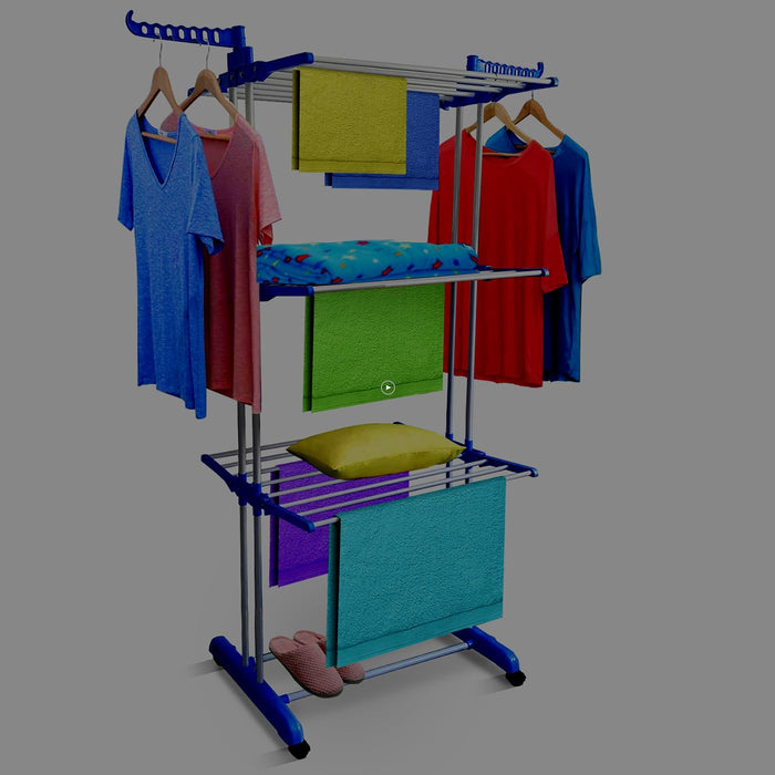 SKY-TOUCH 3 Layers Clothes Drying Rack Folding Clothes Rail Of Clothes Hanger, Adjustable Stainless Steel Hanger With Two Side Folding Wings For Indoor And Outdoor, Blue