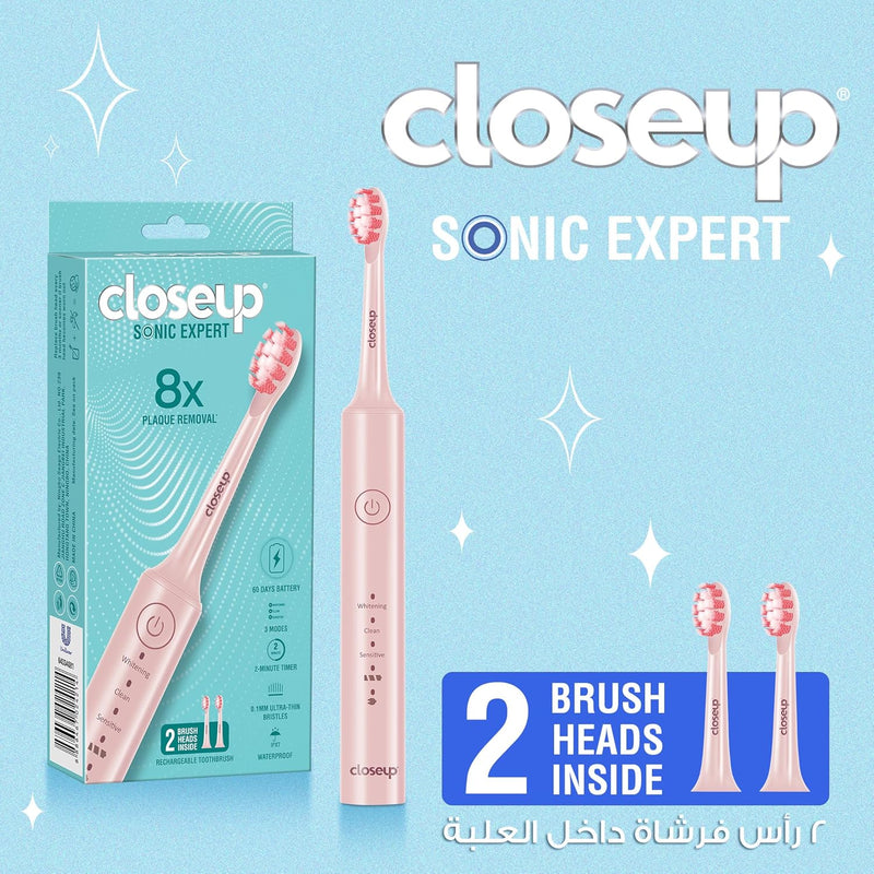 closeup Sonic Expert Pink Rechargeable Toothbrush, Waterproof, with 8x Plaque Removal Power, Whitens and Cleans, Suitable for Sensitive Teeth, 1pack
