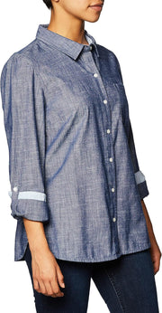 womens Classic Long Sleeve Roll Tab Button Down Shirt (Standard and Plus Size) - Chambray