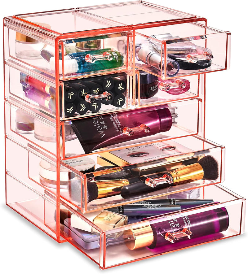 Sorbus Acrylic Clear Makeup Organizer - Big & Spacious Cosmetic Display Case - Stylish Designed Jewelry & Make Up Organizers and Storage for Vanity, Bathroom (4 Large, 2 Small Drawers) - 3 Large, 4 Small Drawers Pink