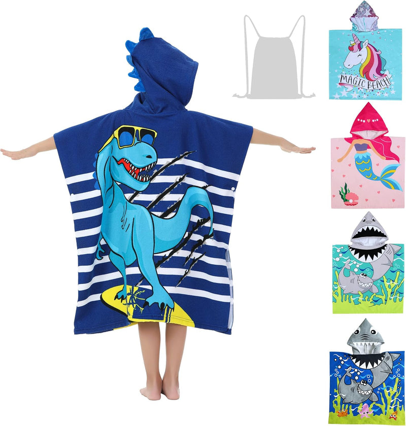 Soft Microfiber Swim Towel with Hood for Bath and Beach, for Kids Ages 3-10, Dinosaur 2 - blue Fits 3-10 years