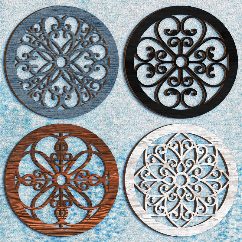 Yulejo 4 Pcs Thicken Rustic Wall Decor Farmhouse Wall Art Wooden Hollow Carved Design Decor Rustic Round Wall Art for Living Room Bedroom Hallway Decor Kitchen Wall (Black, Brown,9.8 x 9.8 Inch)