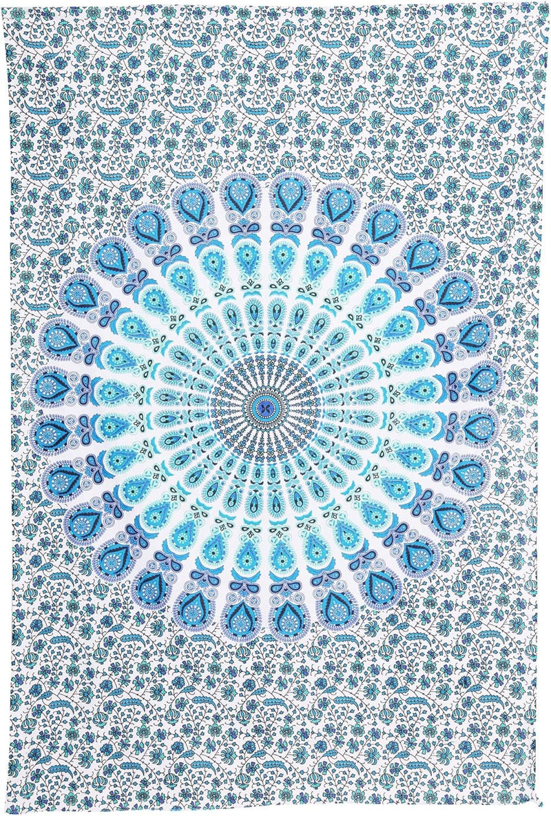 Bless International, Indian Wall Hanging Psychedelic Hippie Bohemian Peacock Mandala Tapestry Bed Sheet Gold Pink Blue King 225x265cm
