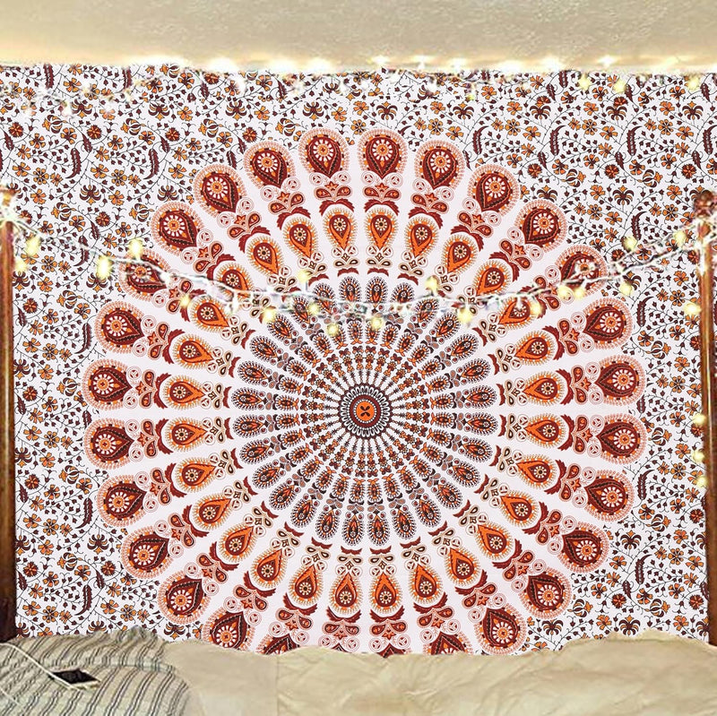 Bless International, Indian Wall Hanging Psychedelic Hippie Bohemian Peacock Mandala Tapestry Bed Sheet Gold Pink Blue King 225x265cm